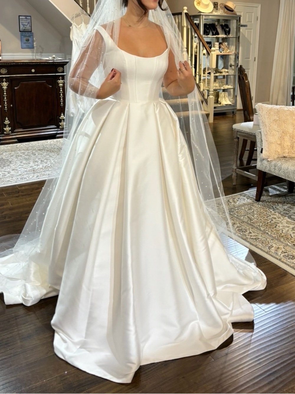 Pronovias Ivory Satin Ball Gown Wedding Dress with Square Scoop Neck